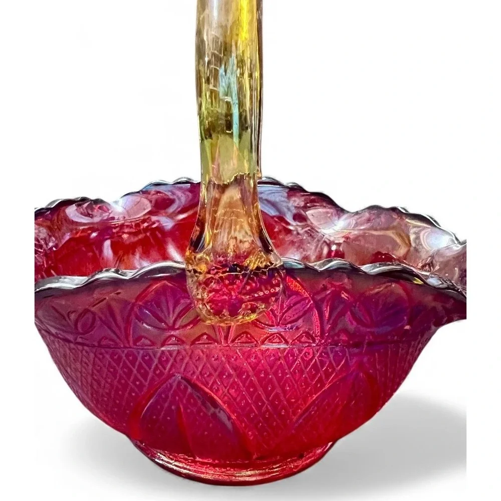 Carnival Glass Candy Dish Basket Hobnail Handle Iridescent Ruby Red Amber